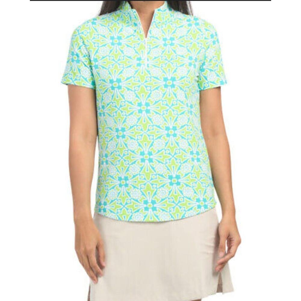 IBKUL Women's Blue and Green Patterned Jersey Top